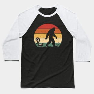 Bigfoot Sasquatch Walking With Striped Skunk Vintage Sunset Wild Animal Baseball T-Shirt